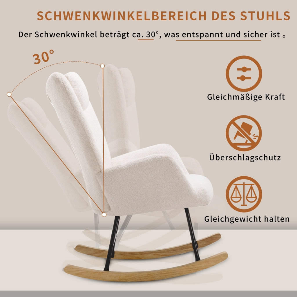 Poltrona a dondolo con poggiatesta e poggiapiedi design elegante per relax quotidiano in tessuto bouclé bianco