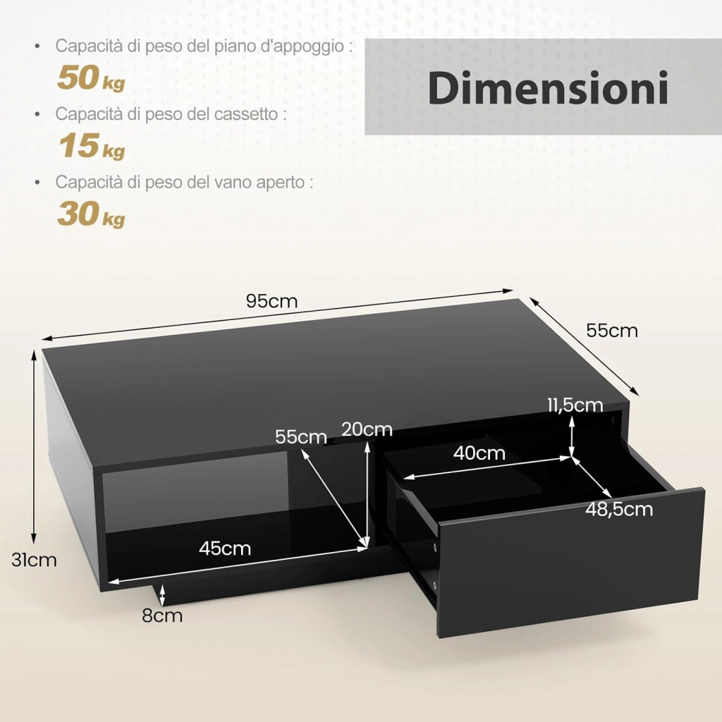 Tavolino da Salotto in Legno, Tavolino Moderno e Rettangolare con 20 Colori di Luci a LED, Telecomando, Cassetto e Ripiano Aperto, Tavolino per Studio e Ufficio (Nero)
