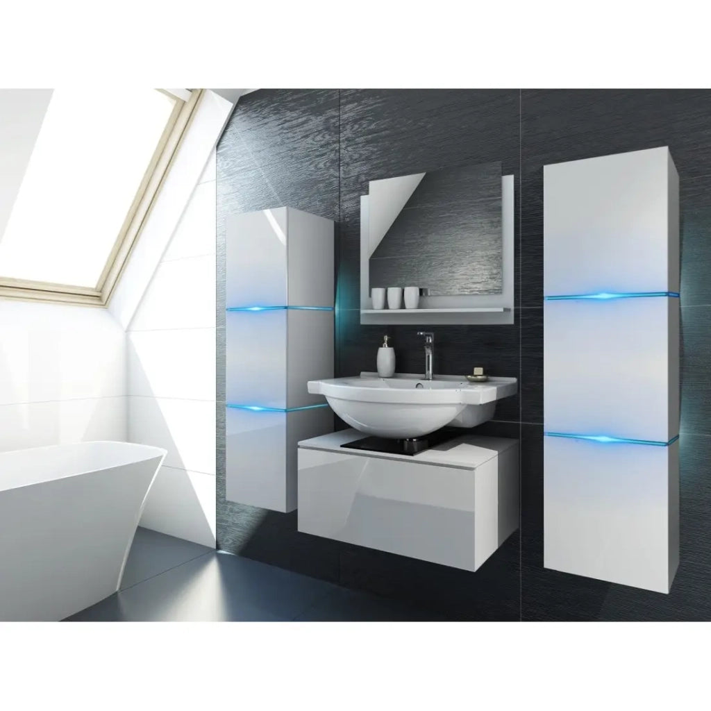 Mobile sottolavabo sospeso collezione OWL, bianco opaco e lucido, piano in vetro nero, ideale per il bagno.