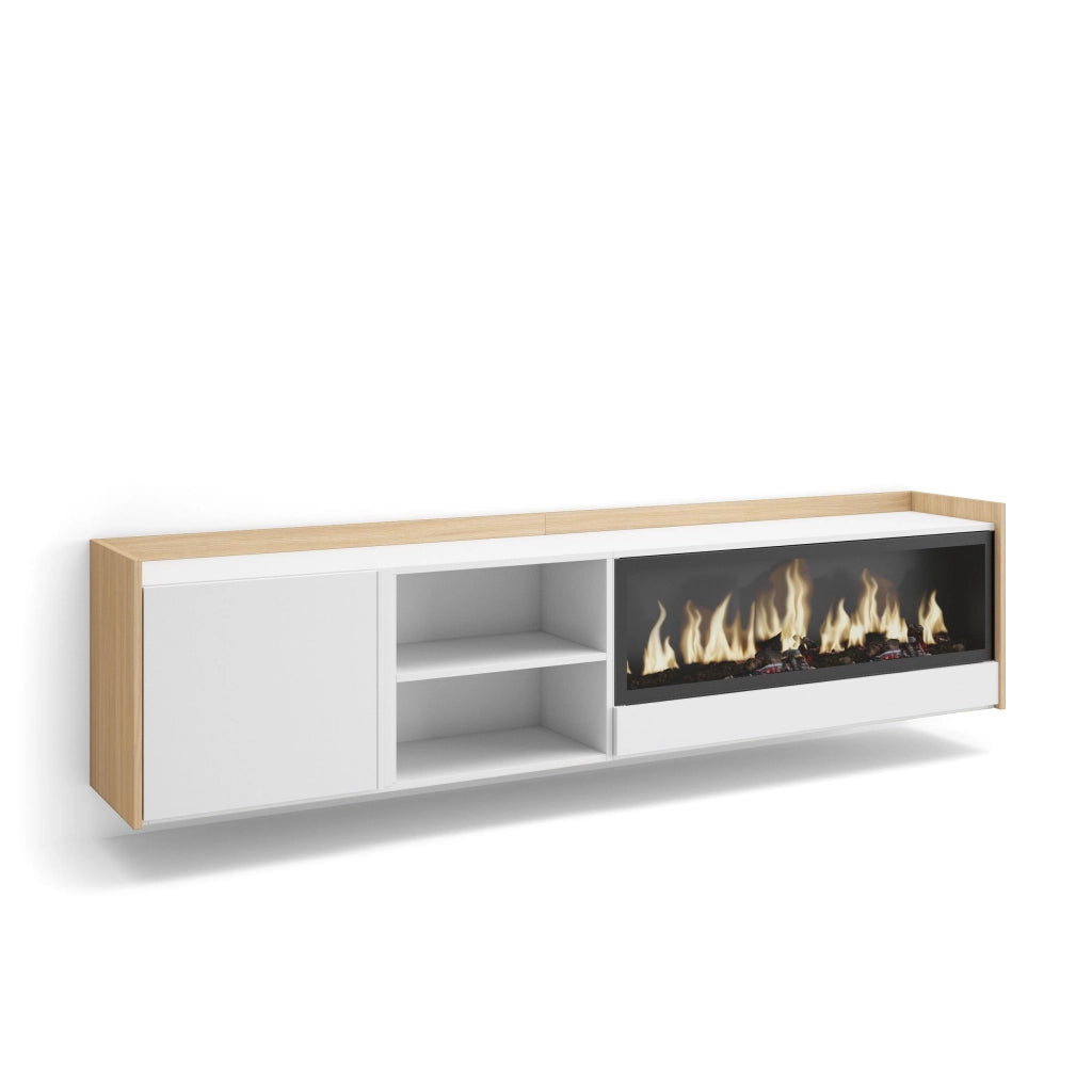 Mobile TV Soggiorno, 212x50x35 cm, Per TV fino a 80", Camino elettrico XXL, Sospeso, da appendere, Bianco e Rovere soft