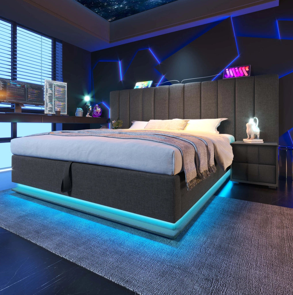 Letto contenitore 160x200 cm con LED 360°; USB e USB-C; lino grigio