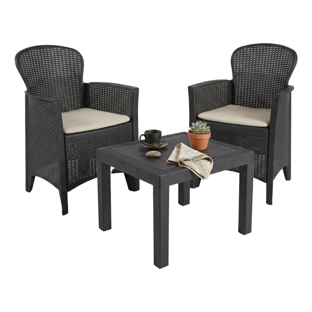 Set salotto da esterno Aneta, Set da giardino con cuscini composto da 2 poltrone e 1 tavolino, Salottino indoor, 100% Made in Italy, Cm 60x58h86, Antracite