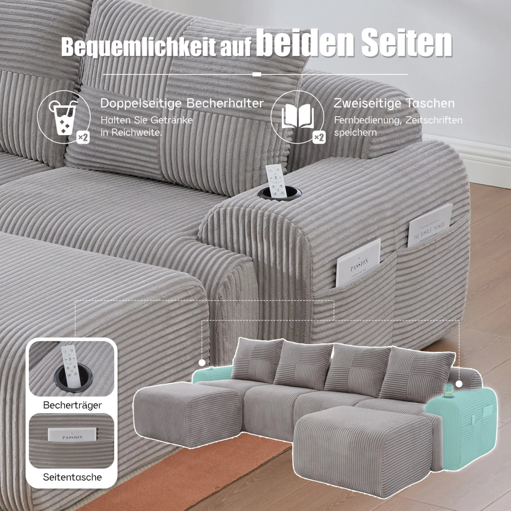 DIVANO modulare 4 posti 333x174x80 cm in corduroy grigio chiaro
