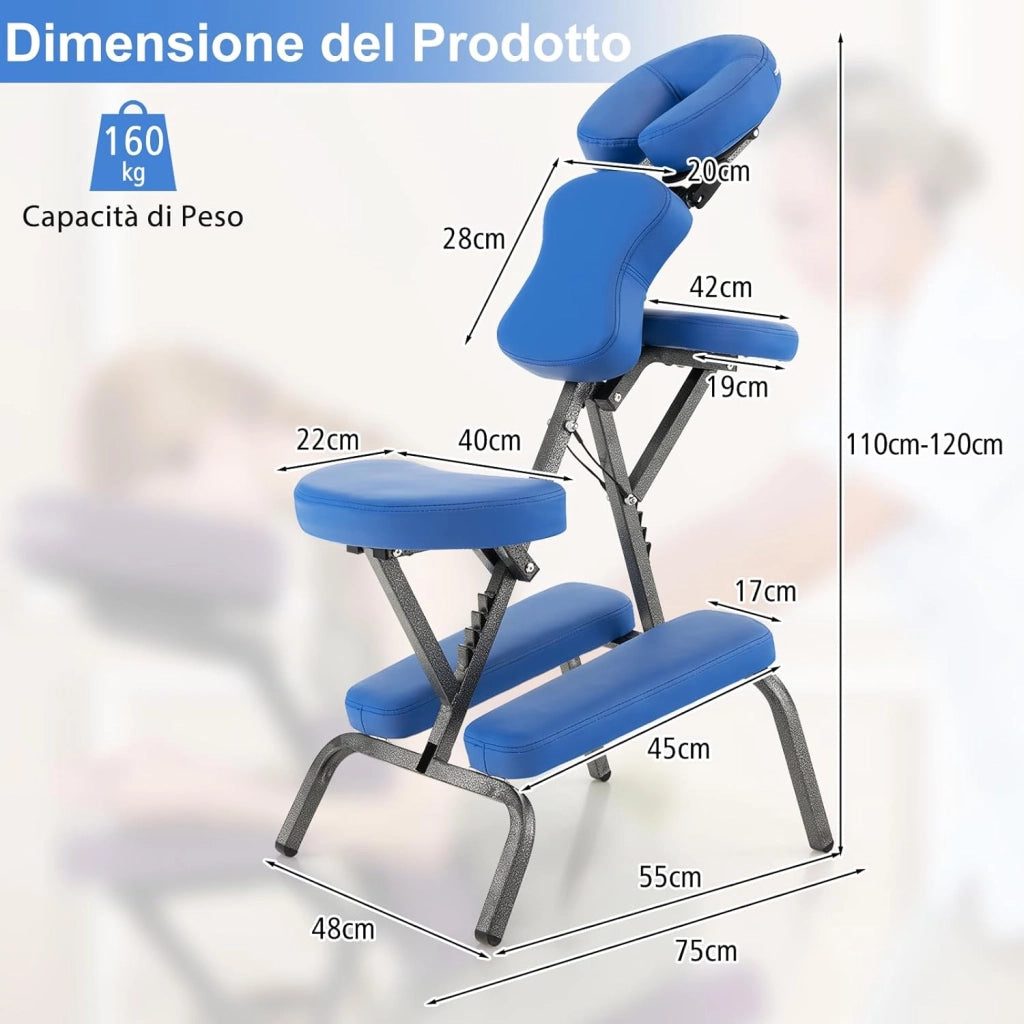 Sedia da Massaggio Pieghevole e Leggera, per Viaggi Tatuaggi e SPA, Sedia da Massaggio con Altezza Regolabile con Poggiatesta e Borsa da Trasporto (blu)