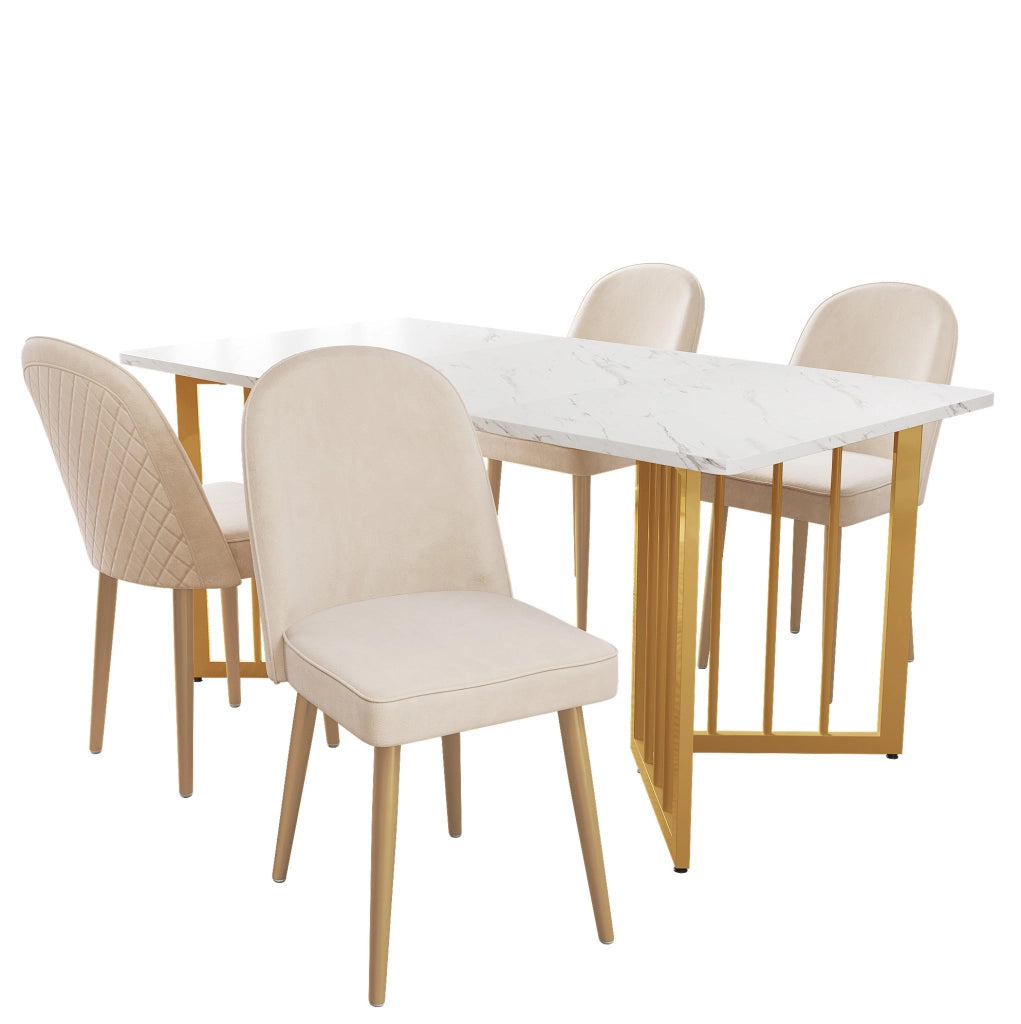 Sedia da pranzo in velluto beige con gambe dorate