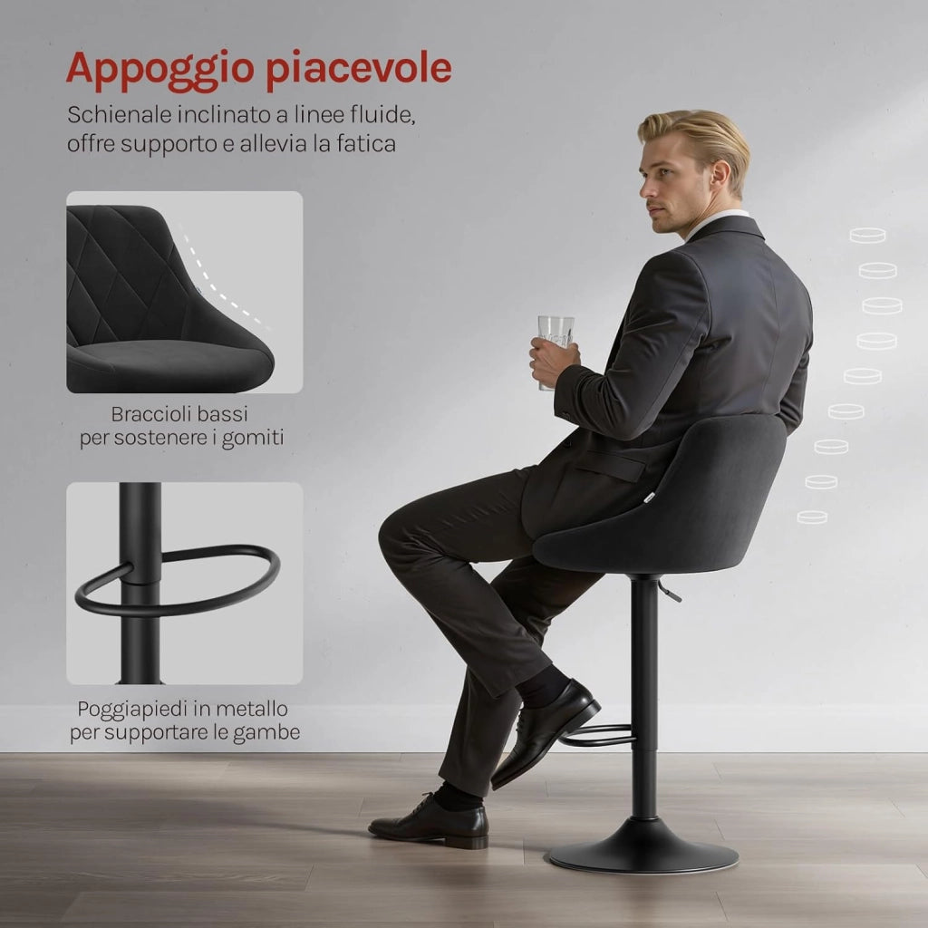 Coppia Sgabelli da Bar Moderni Girevoli Sedia Cucina Alta con Schienale Quadrato Senza Braccioli Altezza Regolabile in Velluto Nero