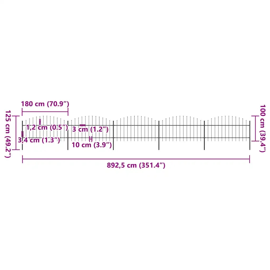 Recinzione da Giardino con Punta a Lancia in Acciaio 892,5x125 cm Nero 277725