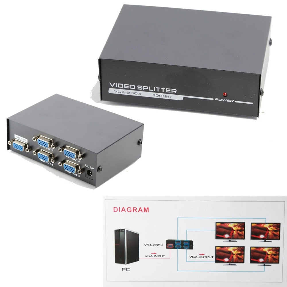 Trade Shop - Splitter Per Monitor Tv 4 Porte Vga 200 Mhz Alimentatore Dc 1920x1440 Vga-2004 -