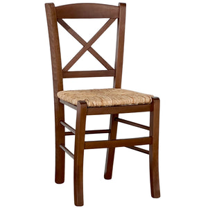 Sedia legno rustica croce noce scuro con seduta in paglia di riso