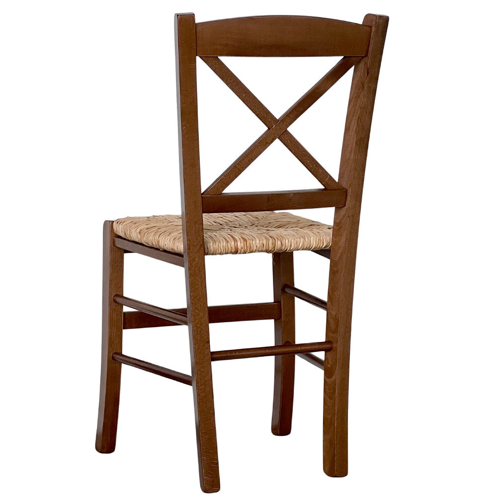 Sedia legno rustica croce noce scuro con seduta in paglia di riso
