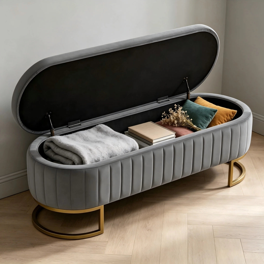 PANCA CONTENITORE 130 cm In Velluto Grigio Chiaro Con Gambe In Metallo Dorato