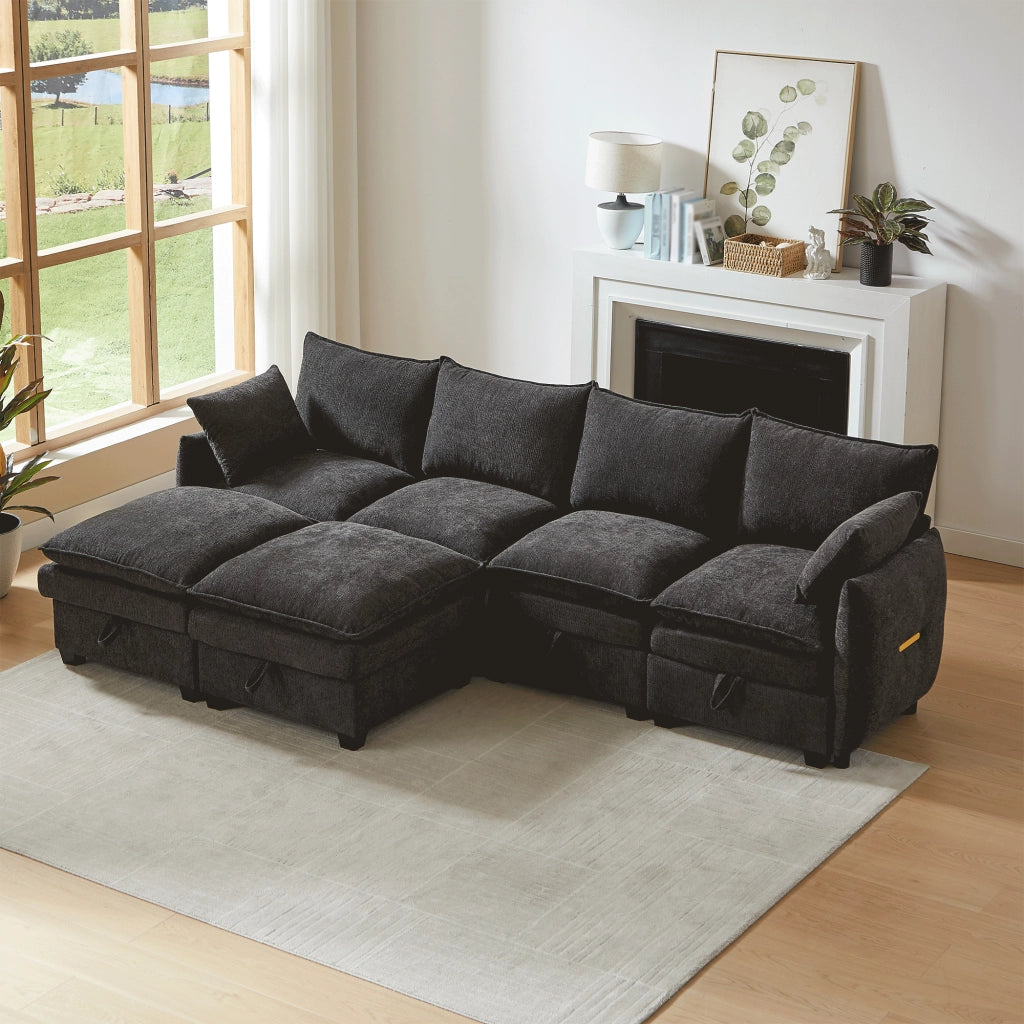 Divano U Modulare con Contenitore ¨C MINIMAL ¨C Chenille, Cuscini, Poggiapiedi, Legno Massello