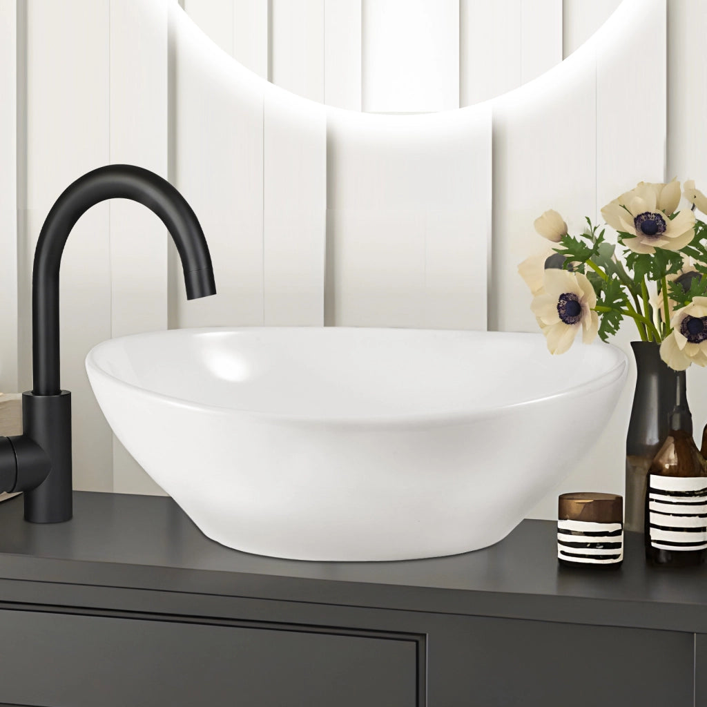 ZMH Lavabo ovale da appoggio in ceramica bianco lucido 41x33x14,5cm