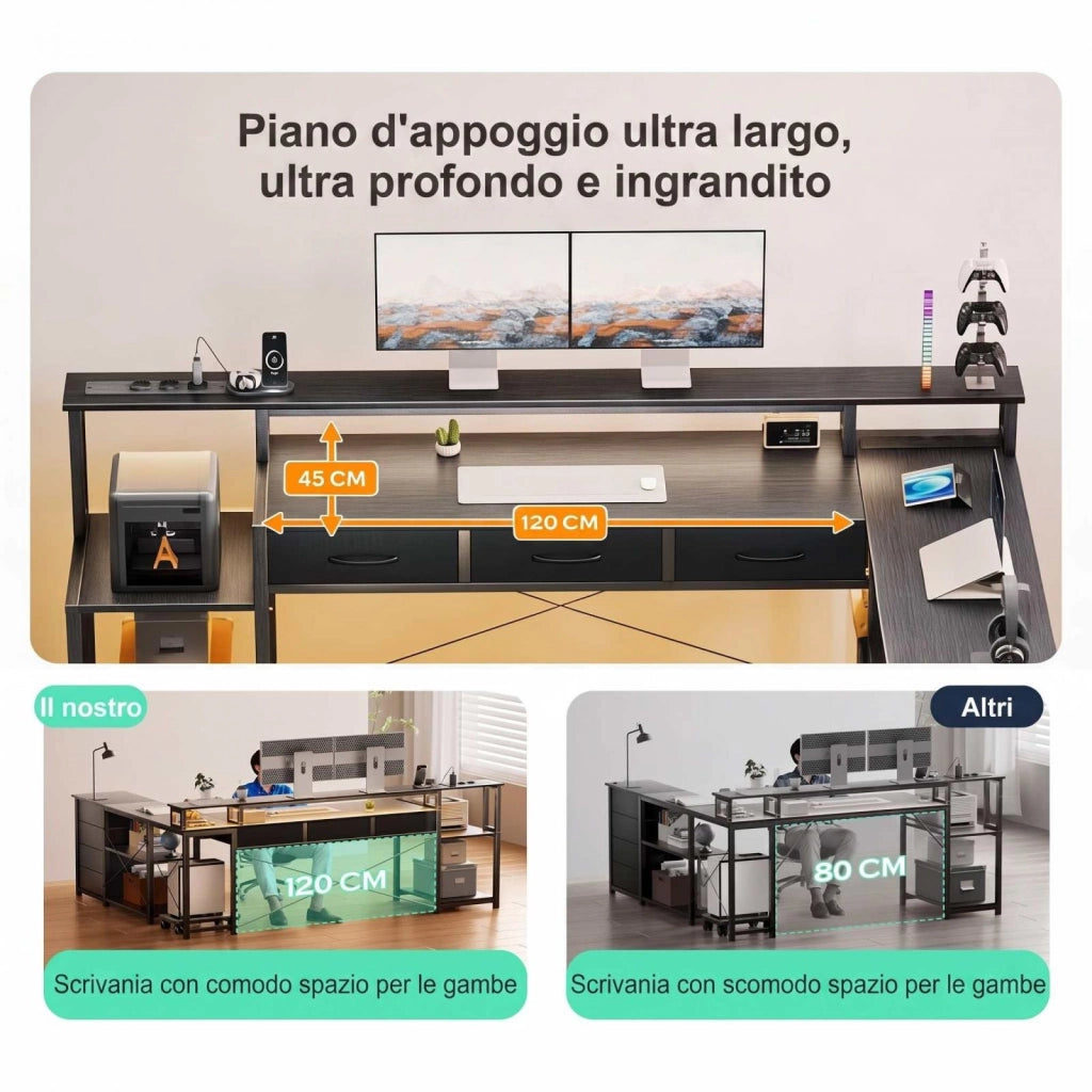 Scrivania per computer a L, scrivania da gaming, con cassetti, prese di corrente integrate, luci d'atmosfera, grigia