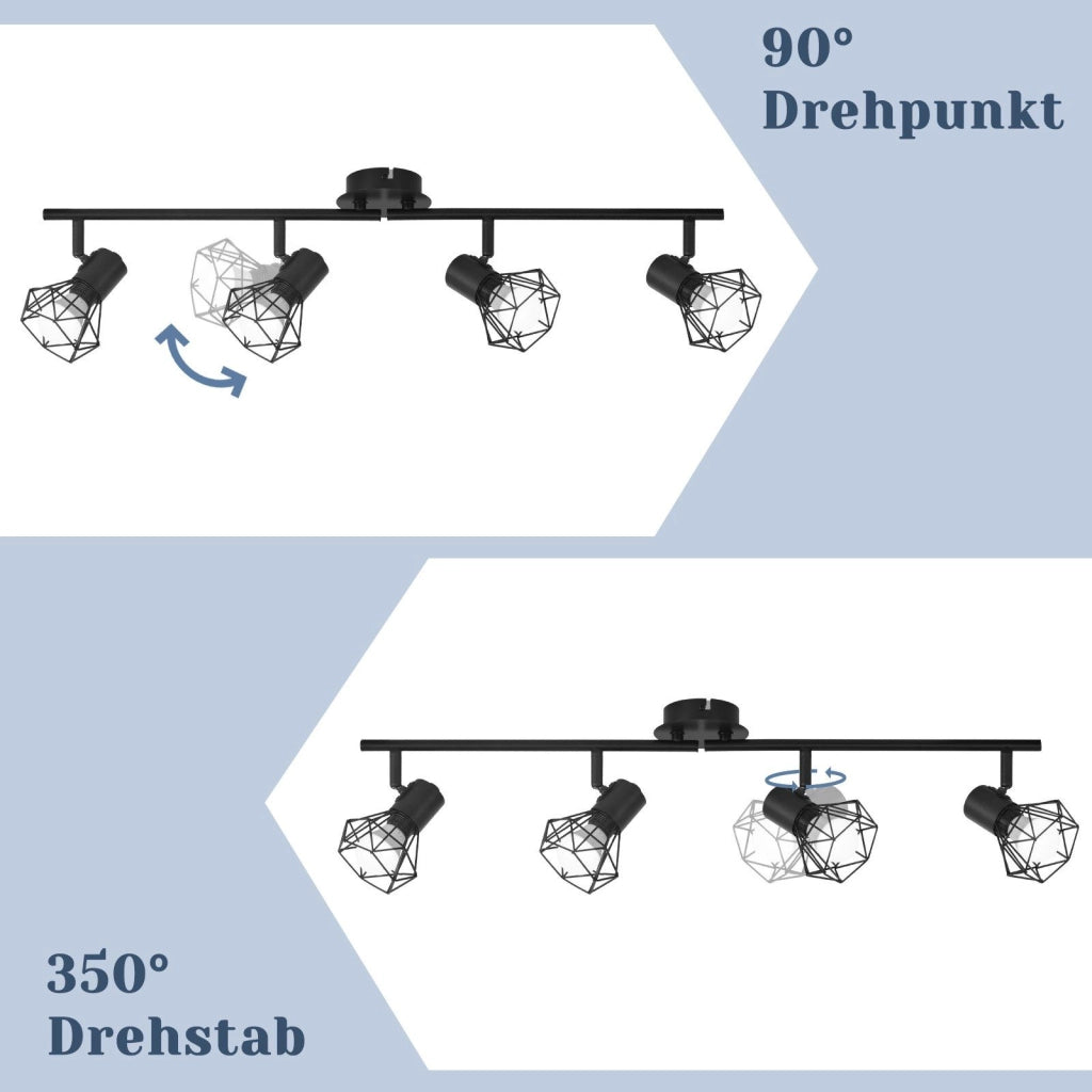 ZMH Lampada da soffitto 4 faretti orientabili 350° stile industriale retrò nero metallo E14 per soggiorno cucina