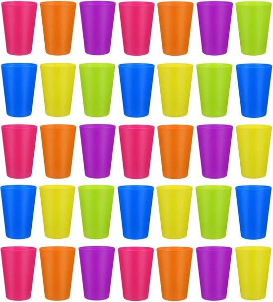 Set di 36 Tazze di Plastica Riciclabili – 250 ml – 6 Colori – Tazze per Bambini Amichevoli per Campeggio, Pic-Nic, BBQ e Feste