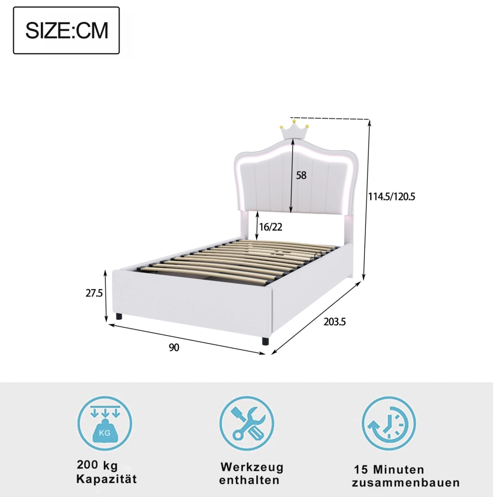 Letto imbottito bambini 90x200 cm LED contenitore bianco