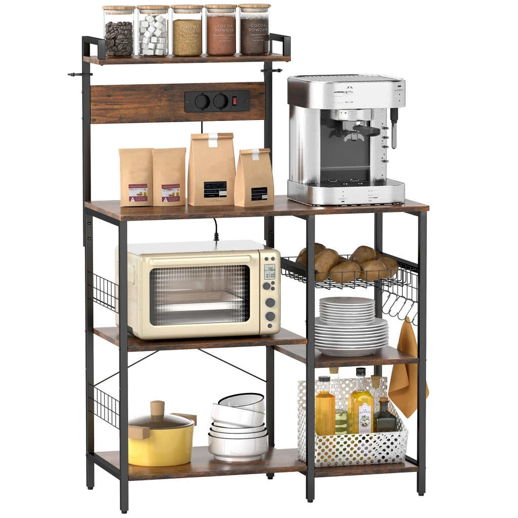 Scaffale da cucina con 2 prese, 5 ganci, 5 ripiani, cesto, rinforzi a X ¨C zephmum ¨C 90x42x130 cm