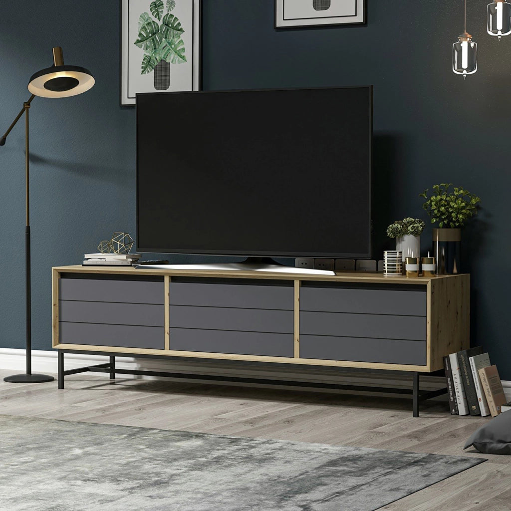 Mobile Basso Porta TV 'Gørlev' Armadietto con 3 Ante a Ribalta - Rovere Artisan / Antracite [en.casa]