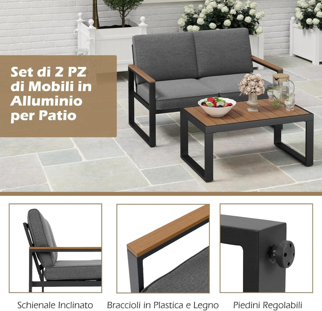 Set da Giardino in Alluminio a 2 Pezzi, Set Tavolino e Poltrona da Giardino, Set da Conversazione da Esterno, Divano Sezionale Imbottito con Tavolino da Caffè, per Cortile Balcone