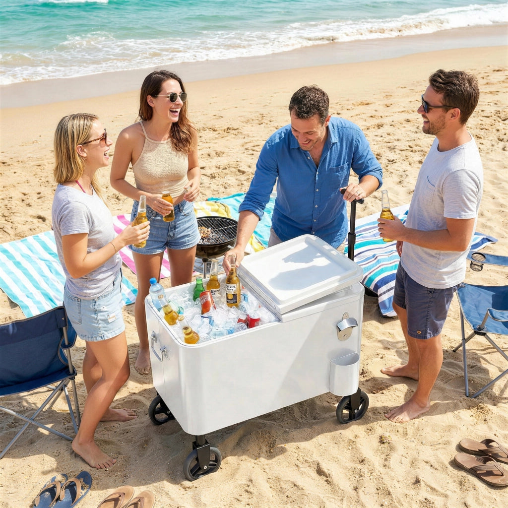 Carrello Frigo con Ruote 56L ¨C Xylo ¨C Maniglia Regolabile Apribottiglie Drenaggio 75x35x120 cm Bianco