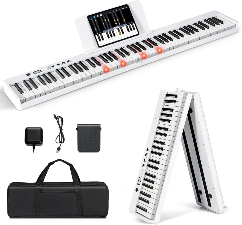 Tastiera Elettronica 88 Tasti Illuminati, Pianoforte Digitale Pieghevole Portatile con Custodia, Sustain Pedali, Modalità di Insegnamento, MP3/USB/MIDI/Bluetooth (Bianco)