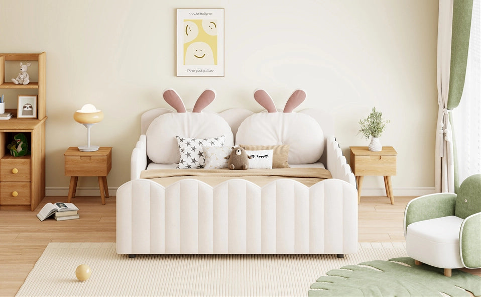 Letto piattaforma imbottito beige 140x200 cm con cuscino a forma di coniglio