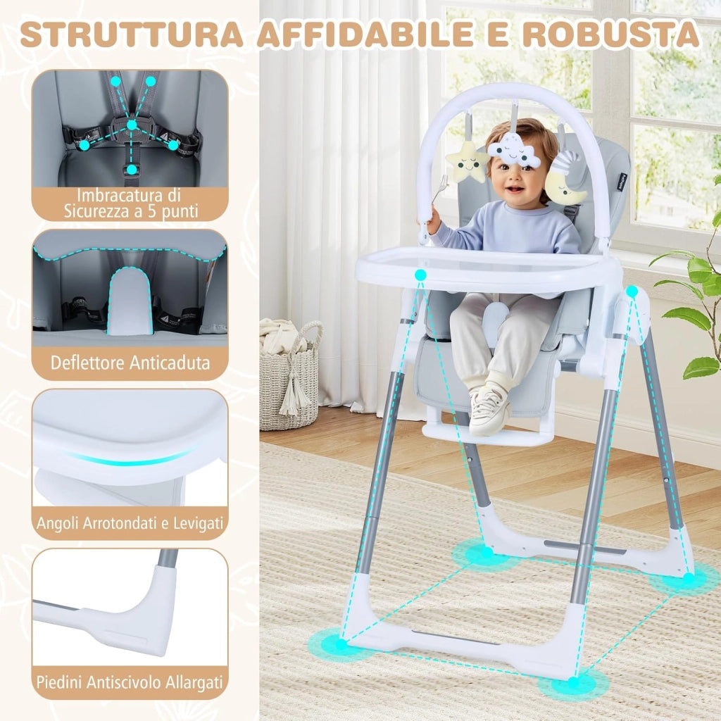 Seggiolone Pappa Portatile, con Altezza Regolabile, Schienale Reclinabile e Vassoio Rimovibile, Seggiolone Evolutivo Pieghevole con Cintura e 2 Ruote, per Bambini 6-36 Mesi (Grigio Chiaro)