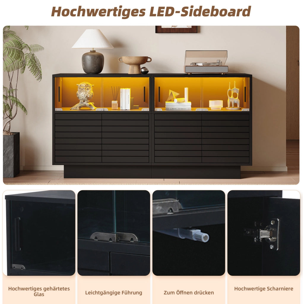 Credenza nera con ante scorrevoli in vetro e luce LED