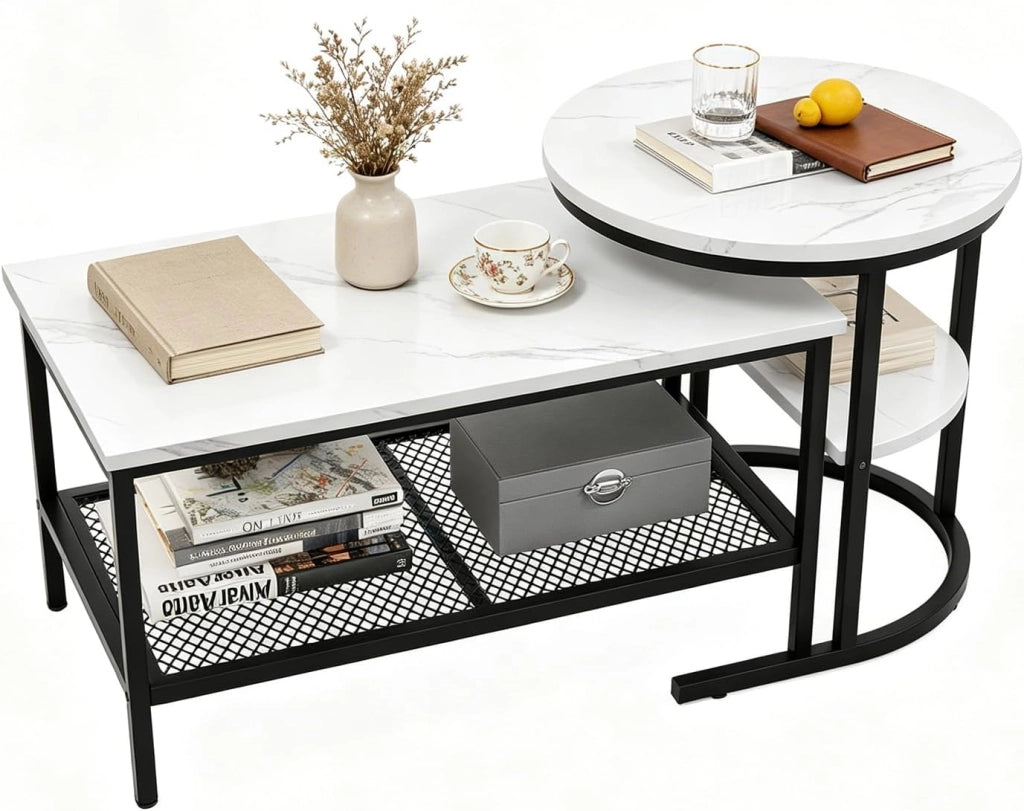 Set 2 Tavolini da Salotto, moderni tavoli bassi componibili con Struttura in Metallo, Ripiani Aperti, Tavolino Rotondo e Tavolino Rettangolare da Caffè, per Camera e Ufficio (Bianco e Oro)