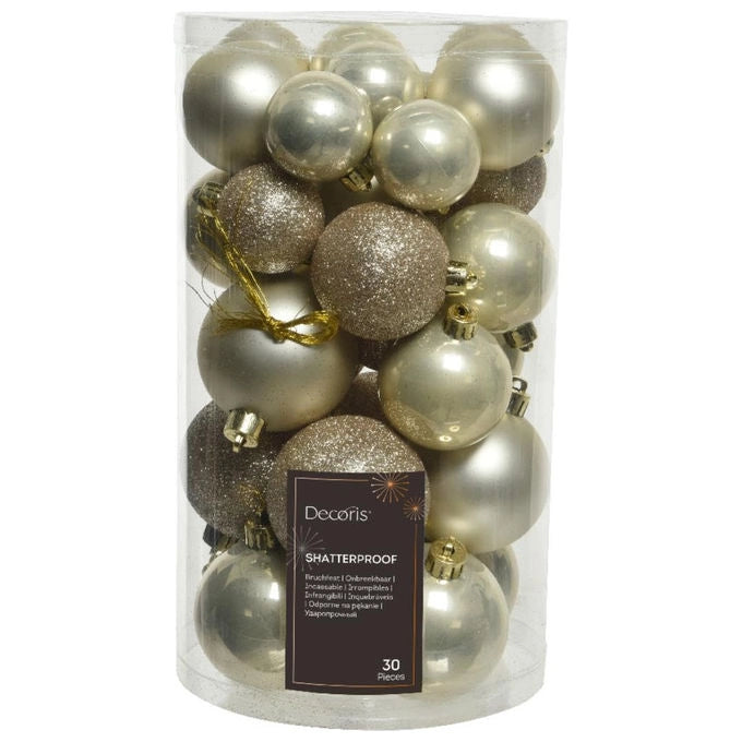 Decoris JNS446986 Set 30 Palline di Natale Plastica Antigraffio Mix 40 50 60 mm Opaco Lucido Glitter colore Perla