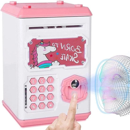 Cassa di risparmio elettronica per bambini con rilevamento impronte digitali e rilevamento facciale - musica - banca di risparmio con cassetto - rosso - blu - ragazzi - ragazze - adulti