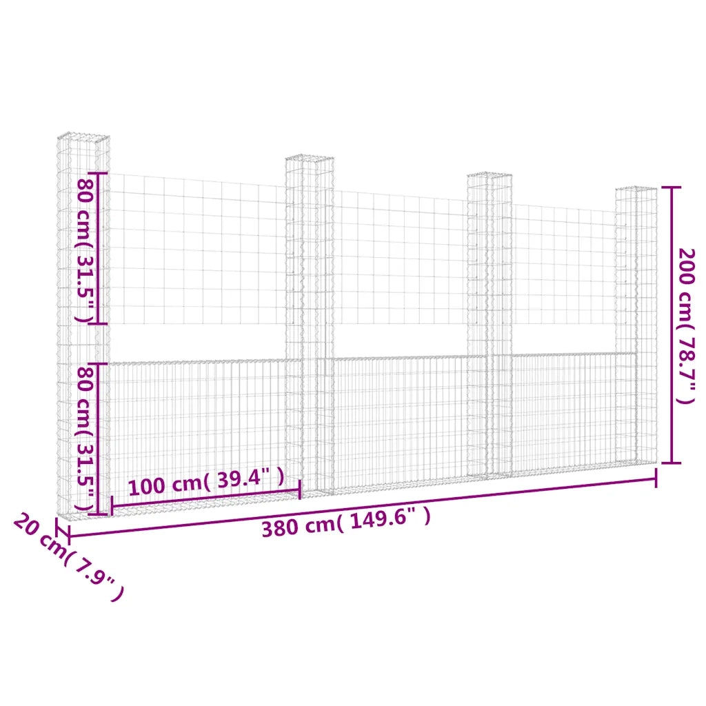 Gabbione a U con 4 Pali in Ferro 380x20x200 cm 151291