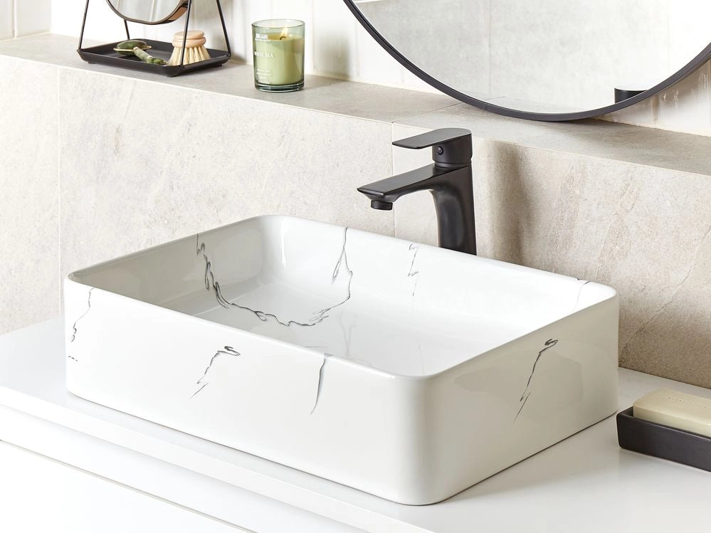 Lavabo da appoggio in ceramica bianca effetto marmo 510 x 340 mm Lavabo da bagno rettangolare stile Glam