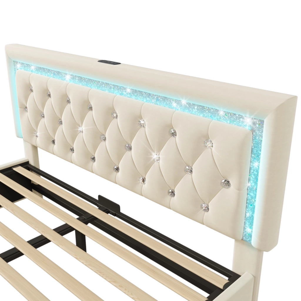 Letto imbottito con LED, presa USB e contenitore 140x200 cm, beige