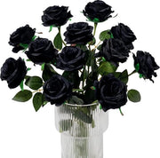 Decorazione di Halloween - Rose nere fiori artificiali - Fiori di rosa realistici e singoli steli - Boccia di rosa di seta - Decorazione per festa di Halloween