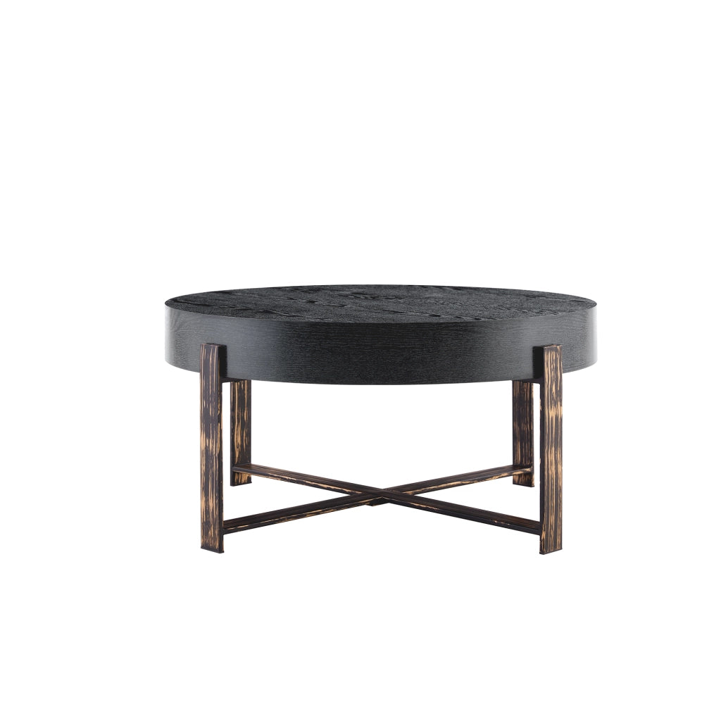 Tavolino da salotto rotondo stile industriale vintage - Zephmum- Diametro 68 cm, piano in MDF nero, struttura incrociata bronzo antico