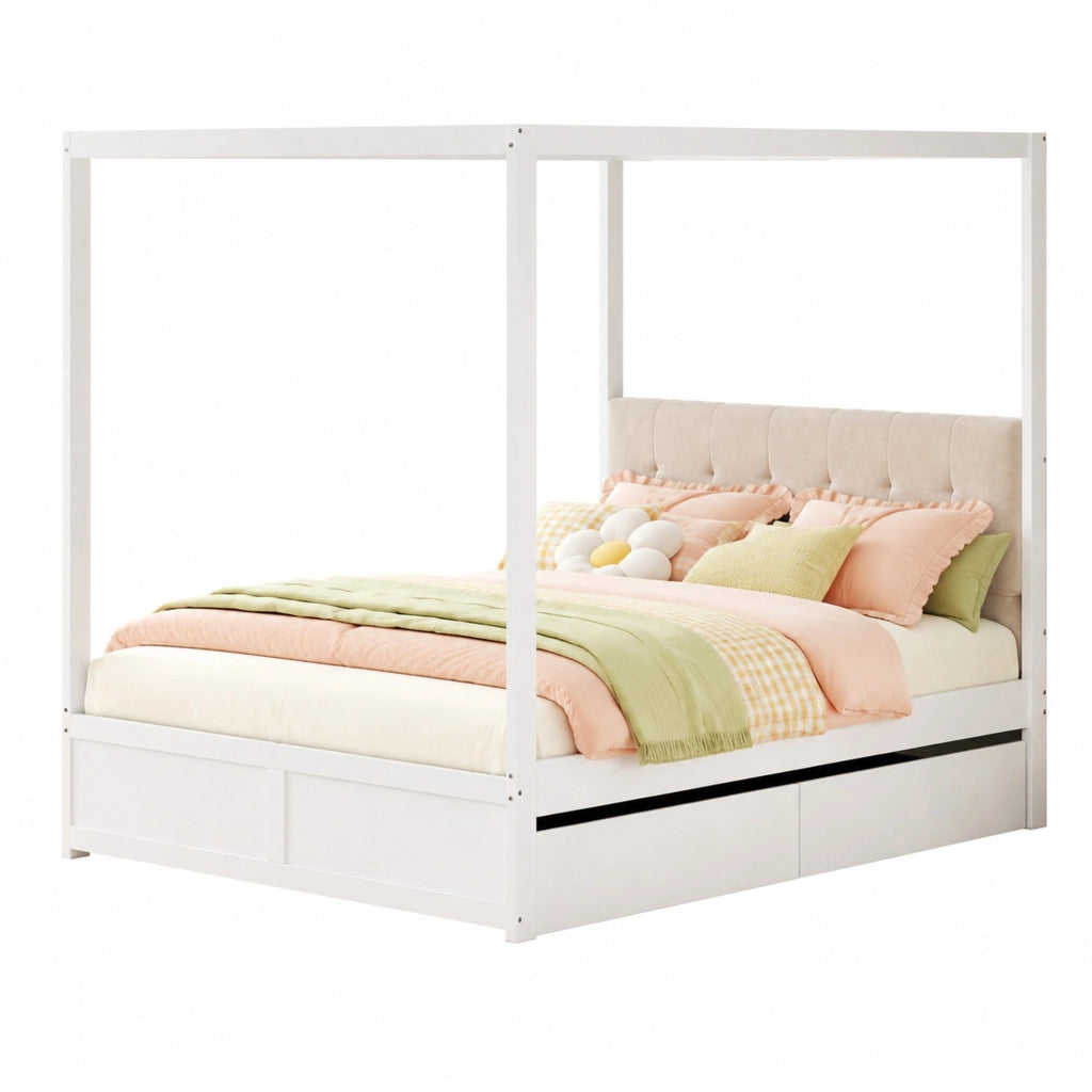 Letto a tenda 140x200 cm con testiera imbottita e 2 cassetti; bianco