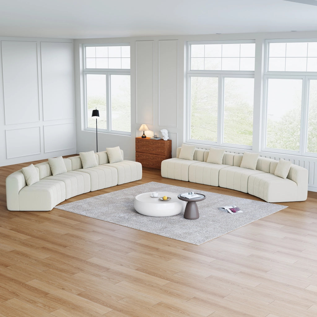 Divano modulare curvo con 2 cuscini e design a tasti del piano per soggiorno in ciniglia - beige