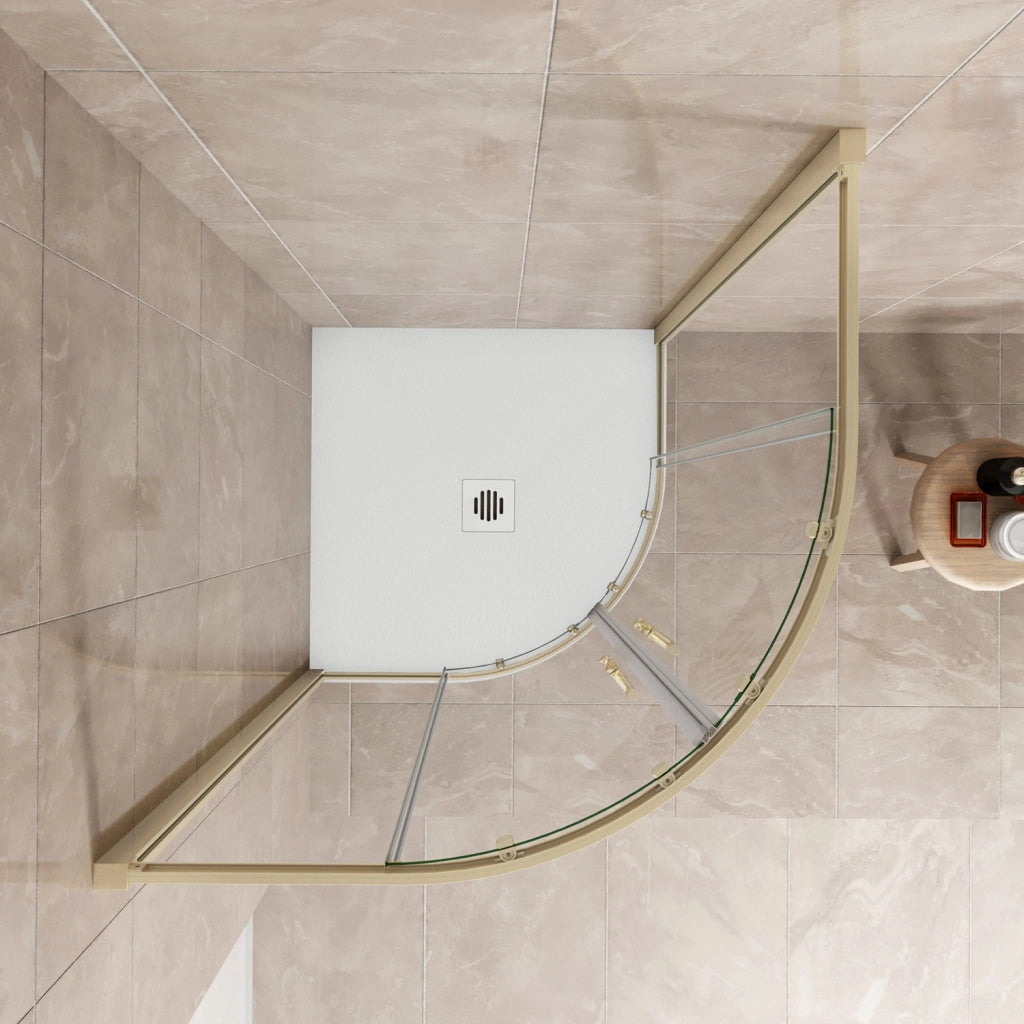 Box Doccia Semicircolare 80X80 cm H.190 Oro Spazzolato Porta Scorrevole Vetro 6 mm Trasparente Anticalcare, Piatto Doccia Bianco