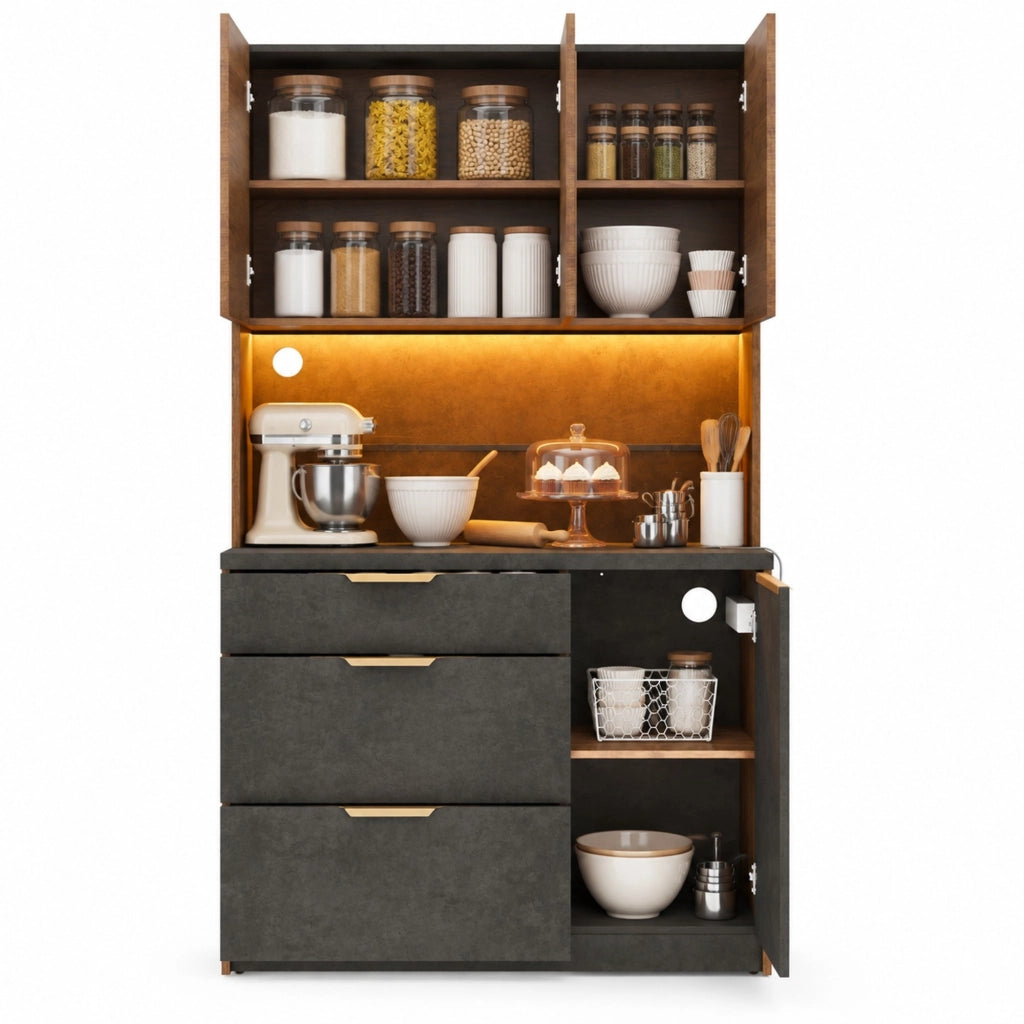 Credenza alta 100x40x180 cm con LED RGB, prese e USB in MDF naturale