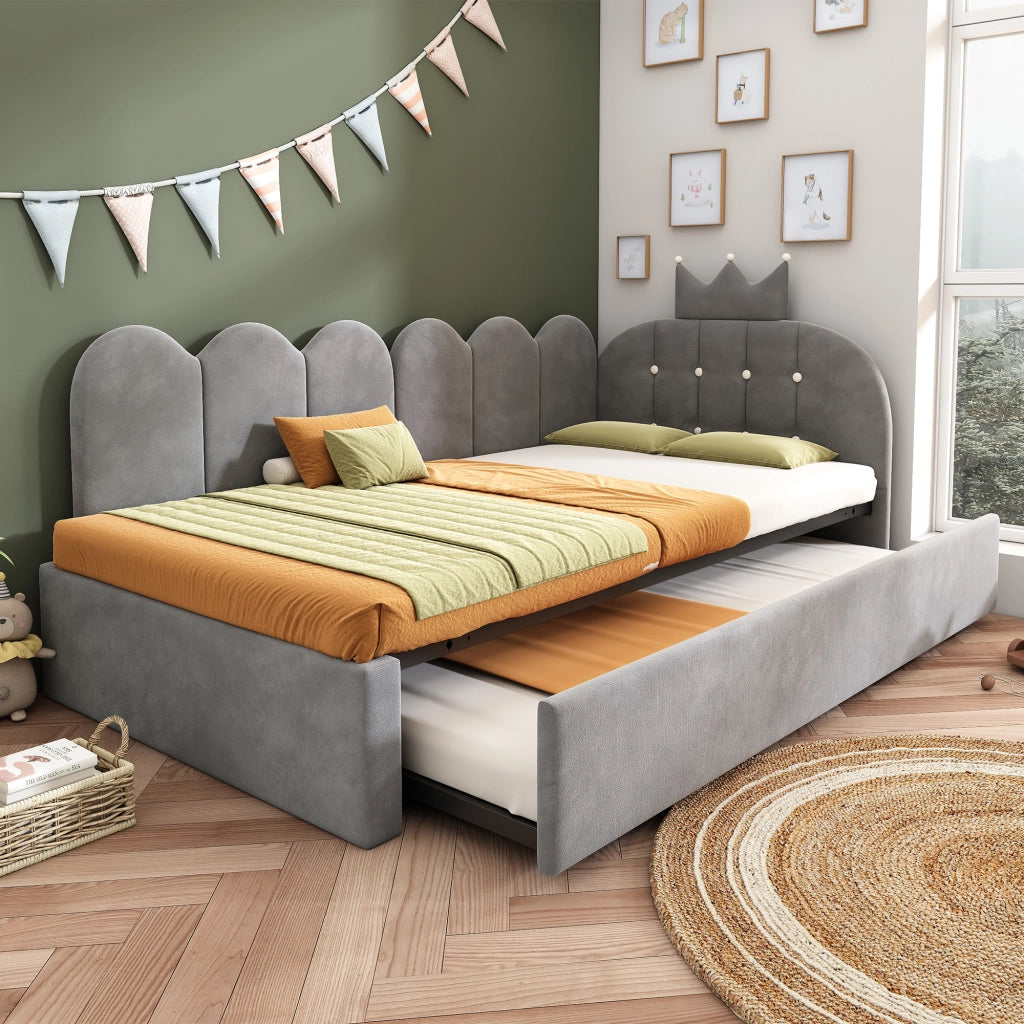 Letto Singolo con Letto Estraibile a Forma di L ¨C MINIMAL ¨C Velluto Grigio 90x200 cm
