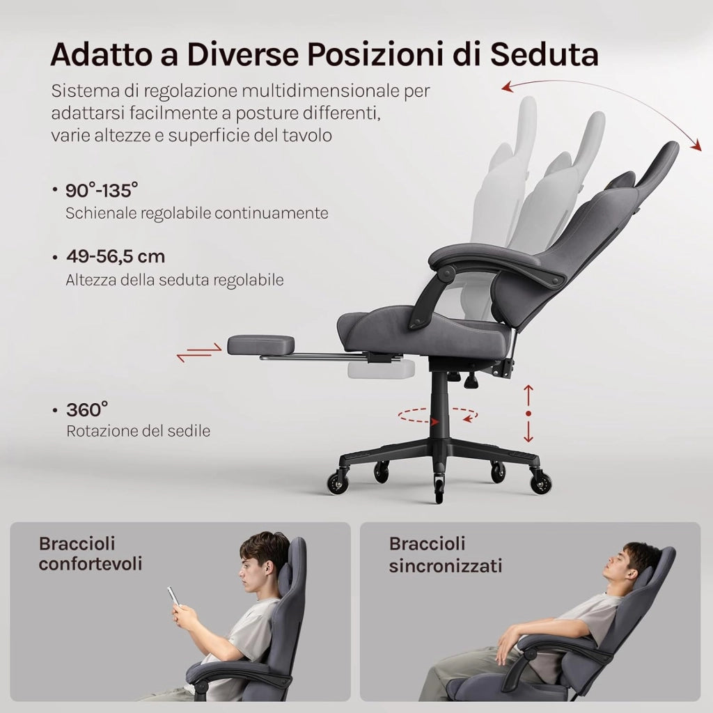 Sedia da gaming, Sedia Gaming Ergonomica con Ruote Silenziose, Altezza e Inclinazione Regolabile, con Braccioli Sincronizzati e Poggiapiedi, in Tessuto Scamosciato, Grigio