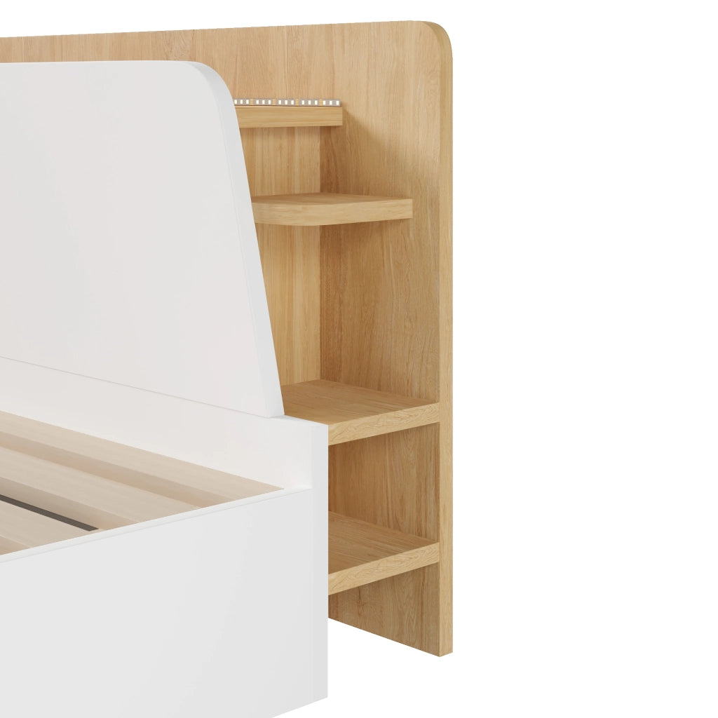 LETTO contenitore idraulico 140x200 cm pino bianco/naturale con USB Type-C e LED