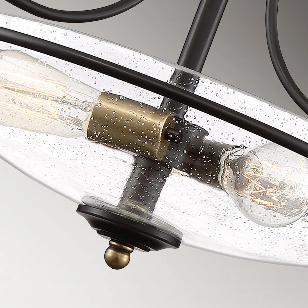 Lampada a Soffitto 2 Luci Kalf In Acciaio Nero A Bracci E Sfere In Vetro Opalino E Oro
