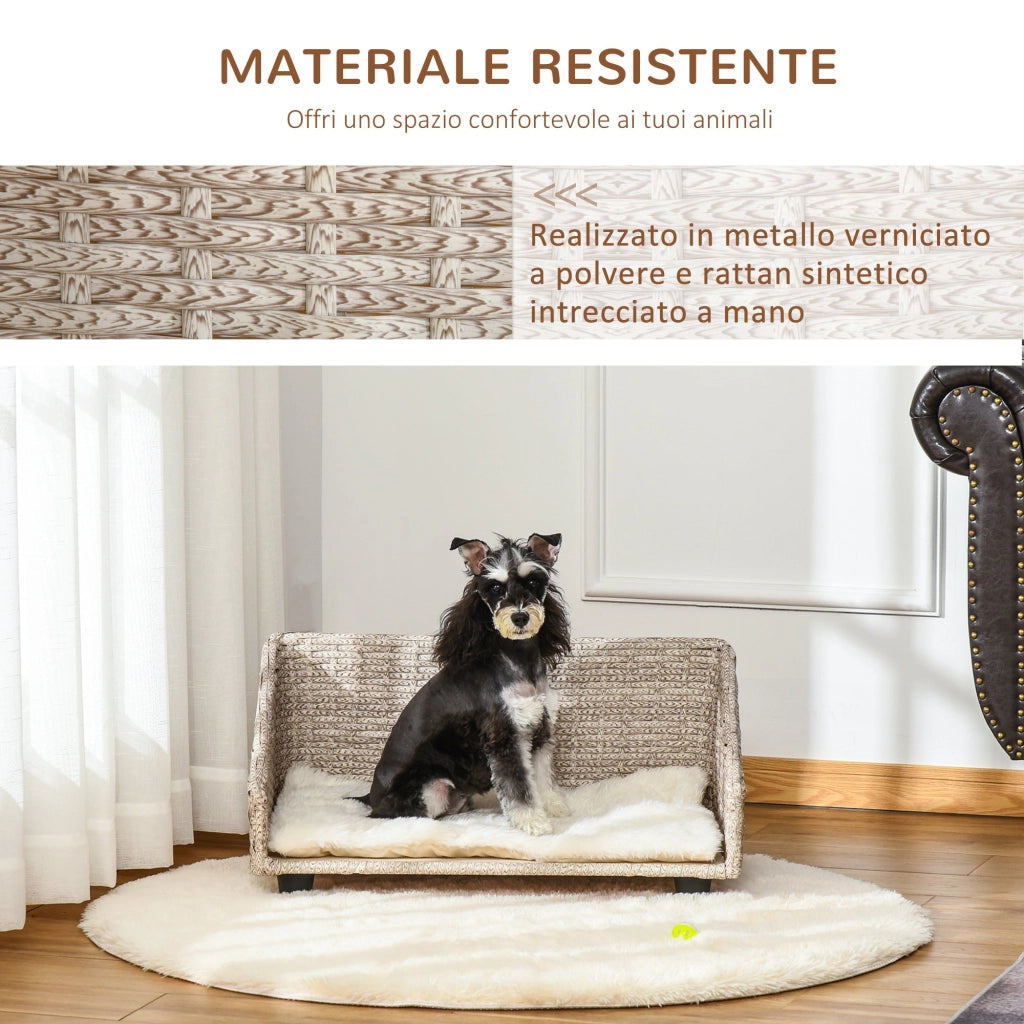 Easycomfort Cuccia per Cani e Gatti Rialzata in Rattan con Cuscino Lavabile Bianco, Lettino per Animali da Interno, 70.5x40x37.5cm, Beige
