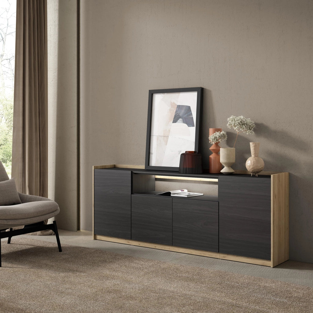 Credenza, Mobile, Cucina, 207x80x37 cm, 4 Porte, LED, Nero e rovere