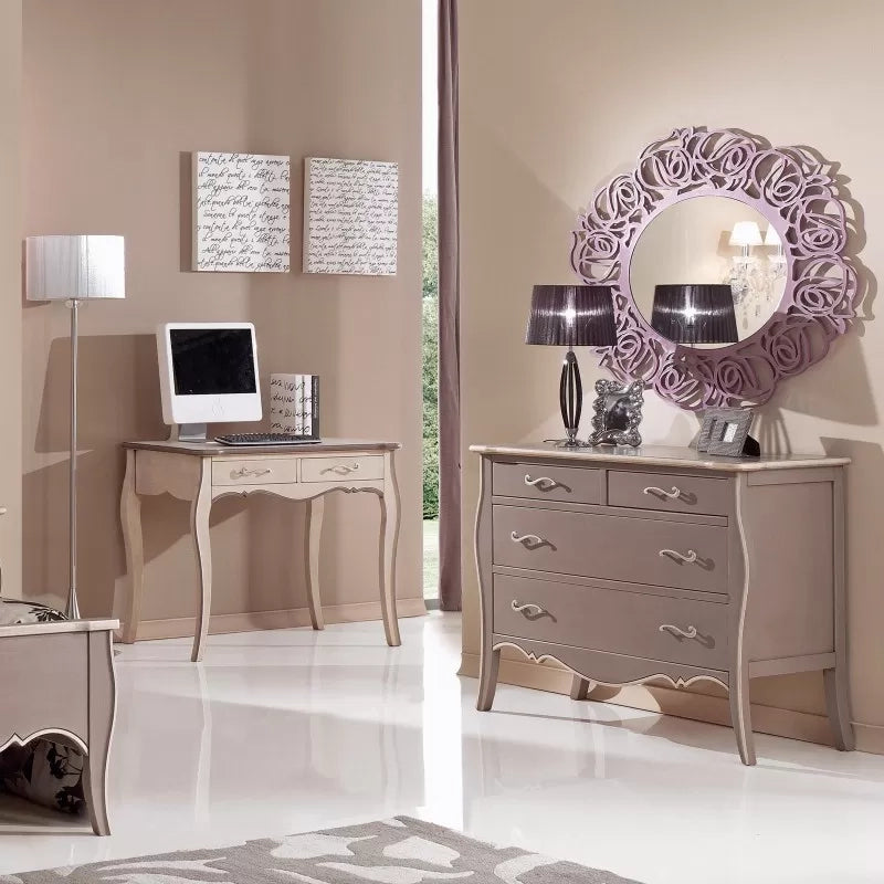 Gruppo cassettiera e due comodini legno shabby tortora filo avorio (1479+1480) - Mobili 2G