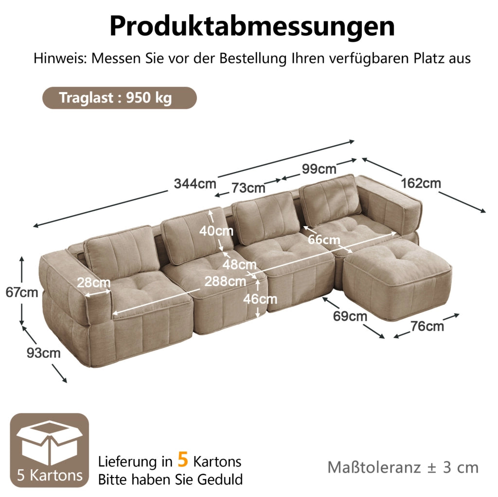 Divano modulare angolare con pouf 344x162x67 cm in poliestere; color sabbia