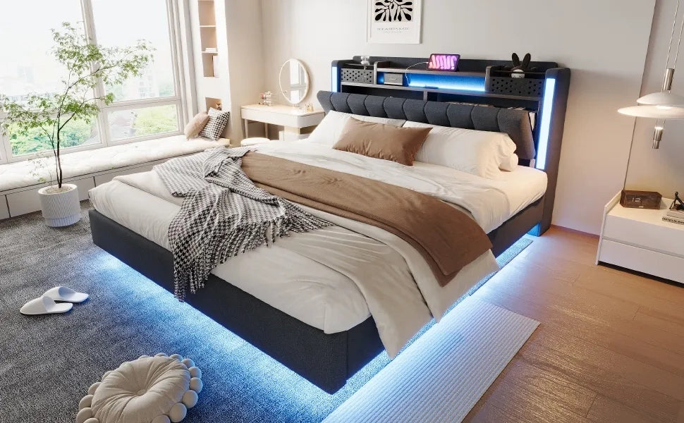 Letto matrimoniale imbottito 160x200 cm con LED; USB; testiera contenitore e rete; grigio